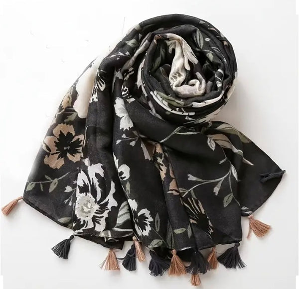 Maryam's Essential Luxury Flower Printed Cotton Tassels Hijab