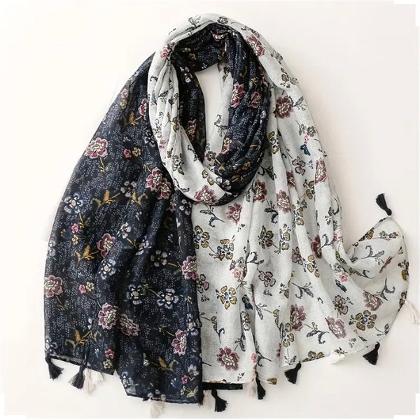 Maryam's Essential Floral Printed Cotton Viscose Tassels Hijab