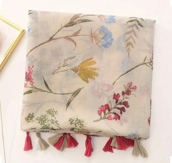Maryam's Essential Flower Printed Cotton Linen Tassels Hijab