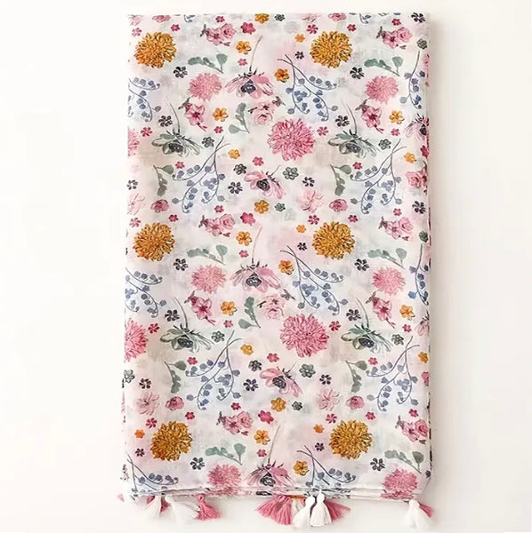 Maryam's Essential Flower Printed Polyester Tassels Hijab