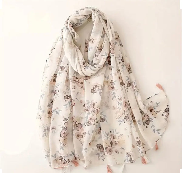 Maryam's Essential Flower Printed Polyester Tassels Hijab
