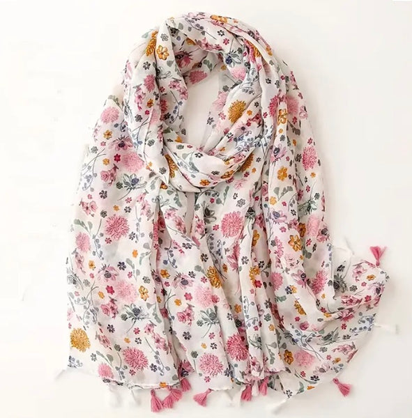 Maryam's Essential Flower Printed Polyester Tassels Hijab