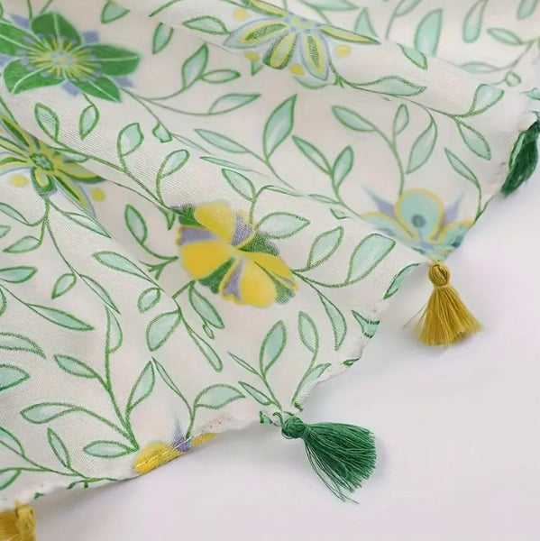 Maryam's Essential Flower Printed Polyester Tassels Hijab