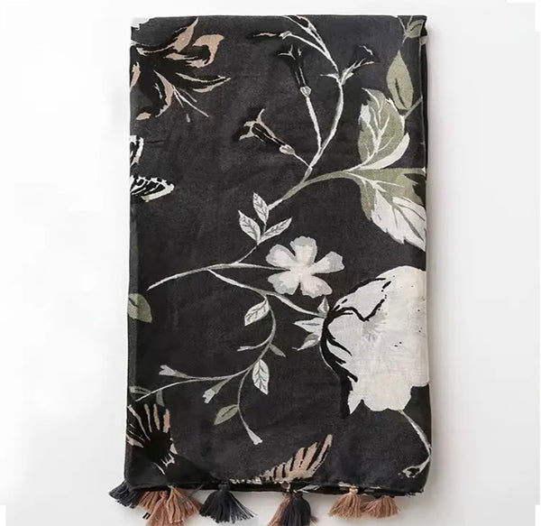 Maryam's Essential Luxury Flower Printed Cotton Tassels Hijab