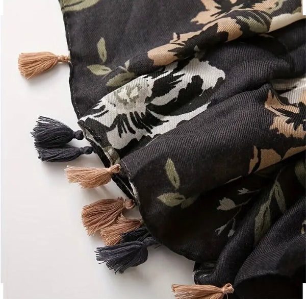 Maryam's Essential Luxury Flower Printed Cotton Tassels Hijab