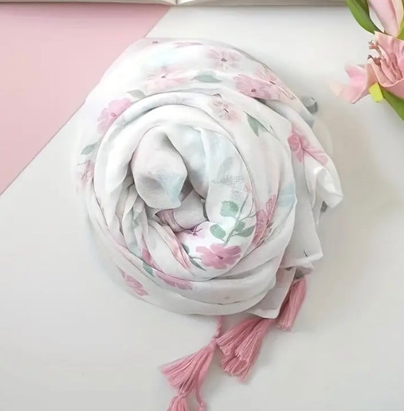Maryam's Essential Flower Printed Polyester Tassels Hijab