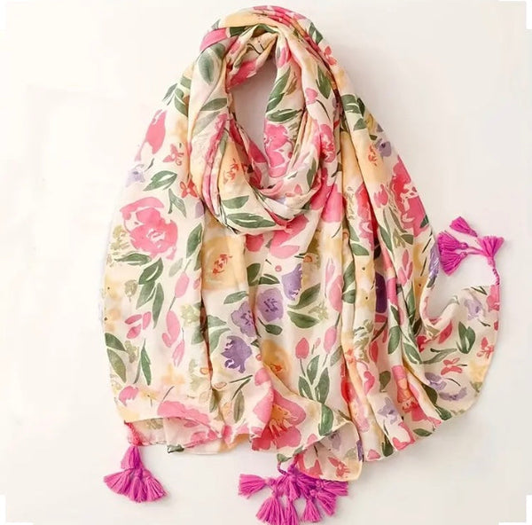 Maryam's Essential Luxury Floral Printed Cotton Tassels Hijab