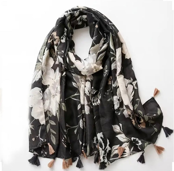 Maryam's Essential Luxury Flower Printed Cotton Tassels Hijab