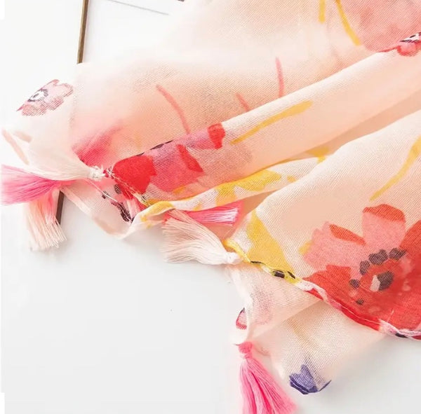 Maryam's Essential Flower Printed Polyester Tassels Hijab