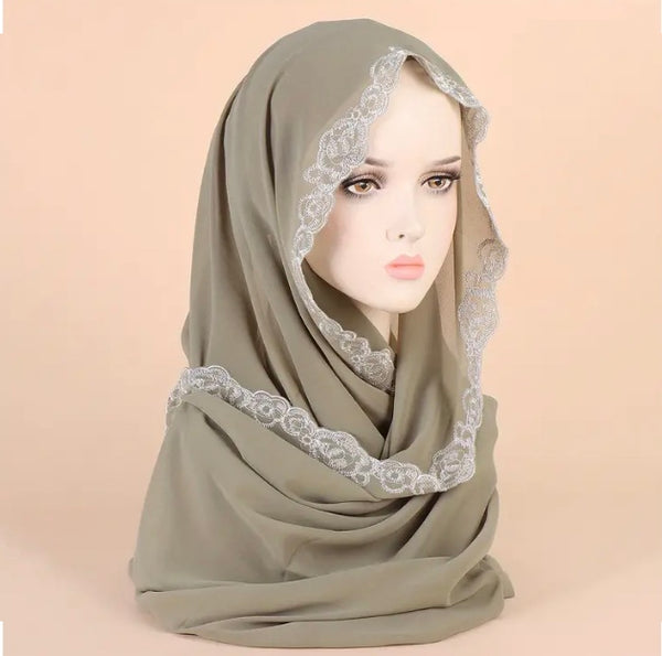 Maryam’s Essential Chiffon with Flower Lace Trim Edge Head Scarves/Hijabs
