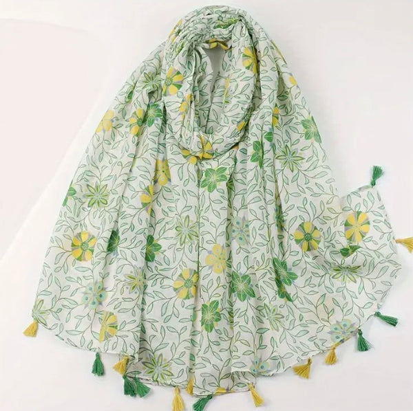 Maryam's Essential Flower Printed Polyester Tassels Hijab