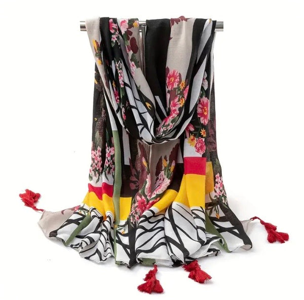 Maryam's Essential Flower Printed Cotton Viscose Tassels Hijab