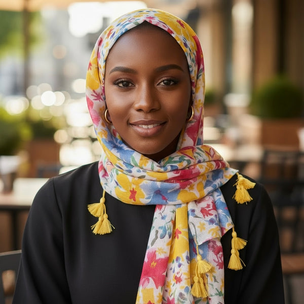 Maryam's Essential Floral Printed Cotton Viscose Tassels Hijab