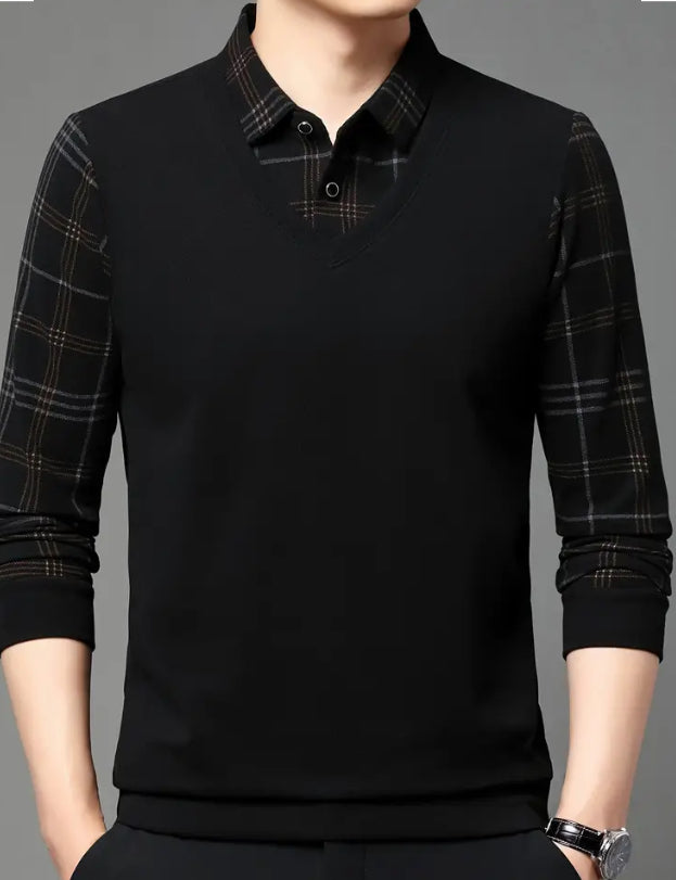 Maryam’s Essential Men V-Neck Button Long Sleeves Casual Regular Fit Striped Plaid Knitted Cotton Shirt