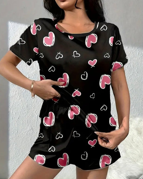 Maryam’s Essential Heart Print Round Neck Top and Short Sleepwear Set