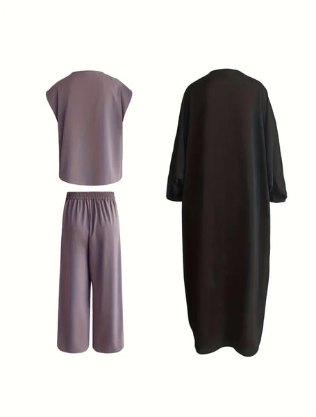Maryam’s Essential Luxury Arab Muslim Three Pieces Abaya, Sleeveless Top, Crop Pants Set