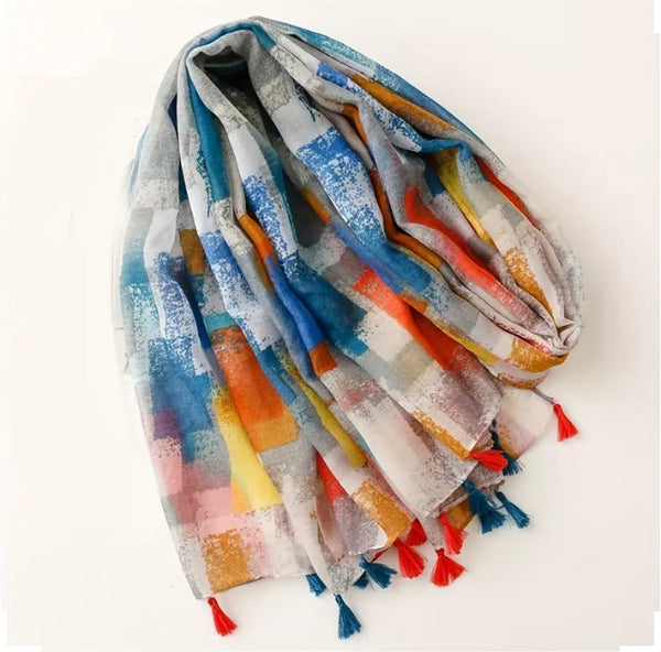 Maryam's Essential Colour Patch Printed Cotton Viscose Tassels Hijab