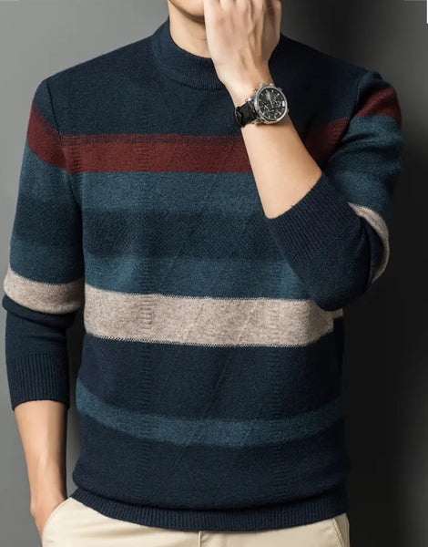 Maryam’s Essential Men Casual Striped Round Neck Pullover Long Sleeves Stretchy Knit Sweater