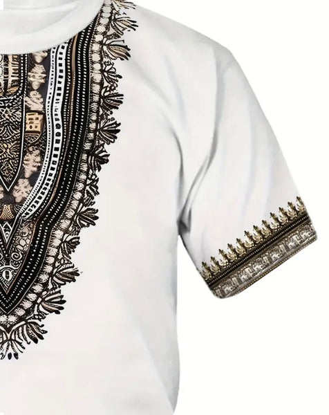 Maryam’s Essential Men’s Ethnic Style Graphic Pattern Print Crew Neck, Short Sleeve Top Tank