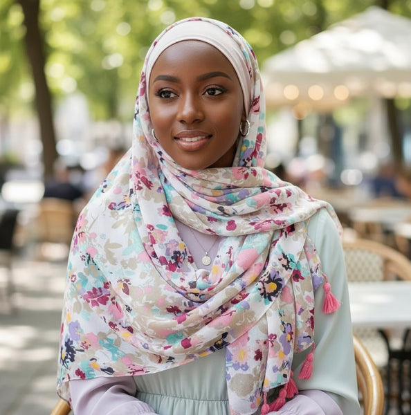 Maryam's Essential Floral Printed Cotton Viscose Tassels Hijab