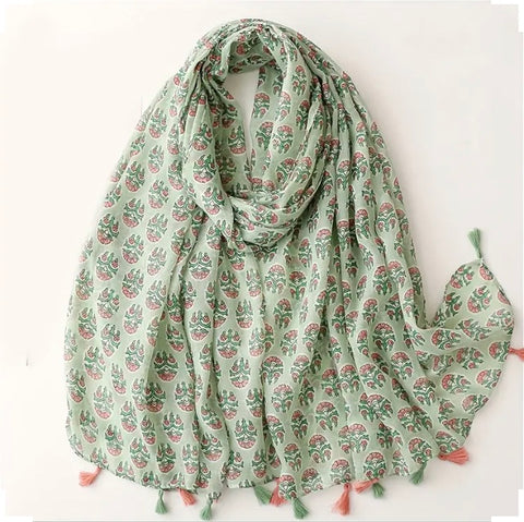 Maryam's Essential Floral Printed Cotton Viscose Tassels Hijab