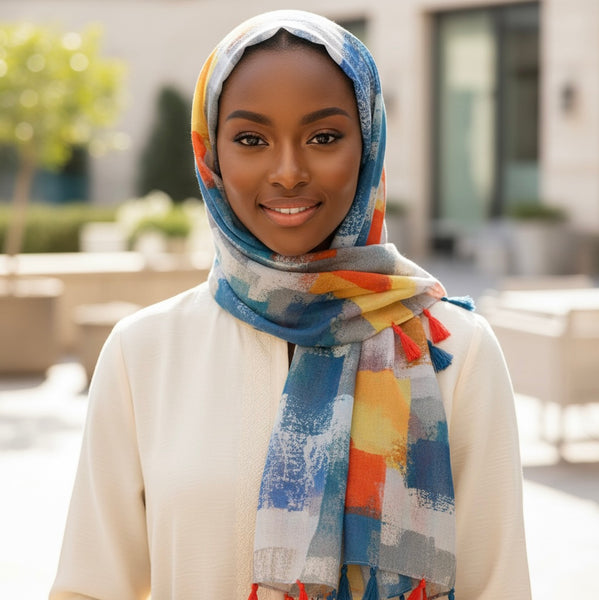 Maryam's Essential Colour Patch Printed Cotton Viscose Tassels Hijab
