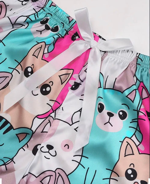 Maryam’s Essential Cat Print Lettuce Trim V-Neck Cami Top & Short Sleepwear Set