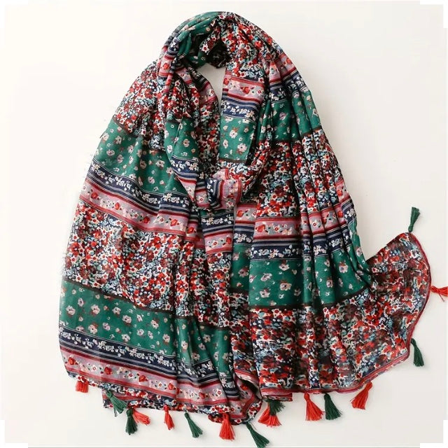 Maryam's Essential Floral Printed Cotton Viscose Tassels Hijab