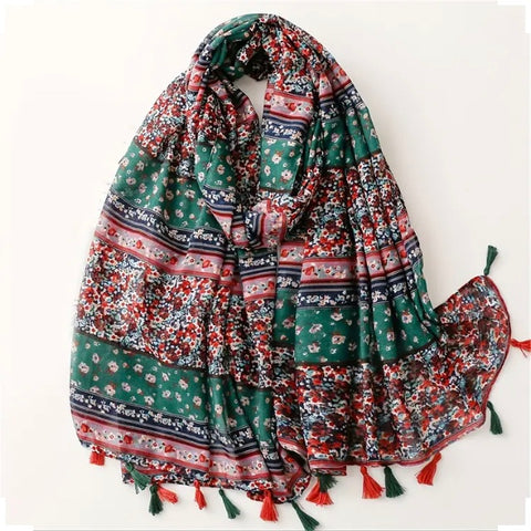 Maryam's Essential Floral Printed Cotton Viscose Tassels Hijab
