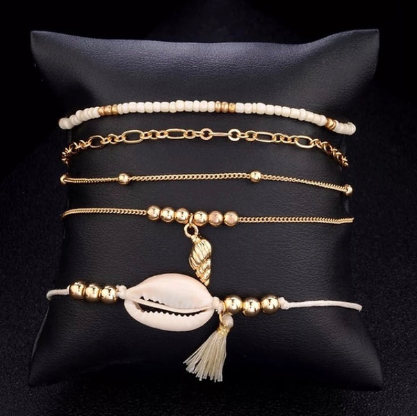 Maryam's Diamond Style Authentic Cowrie Sea Shell Chain Charm Bracelet Set