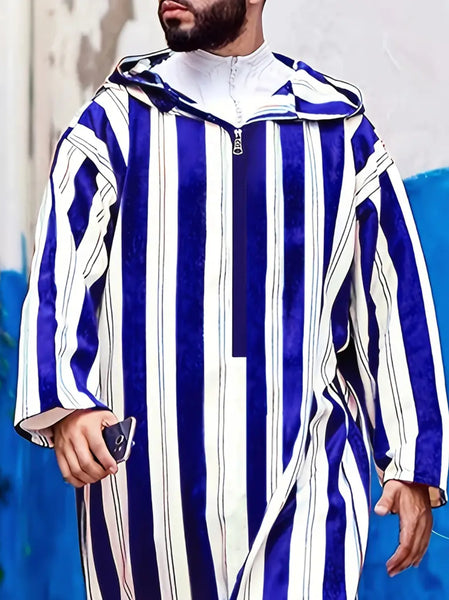Maryam’s Essential Luxury Men Ethnic Hooded Striped Robe Kaftan