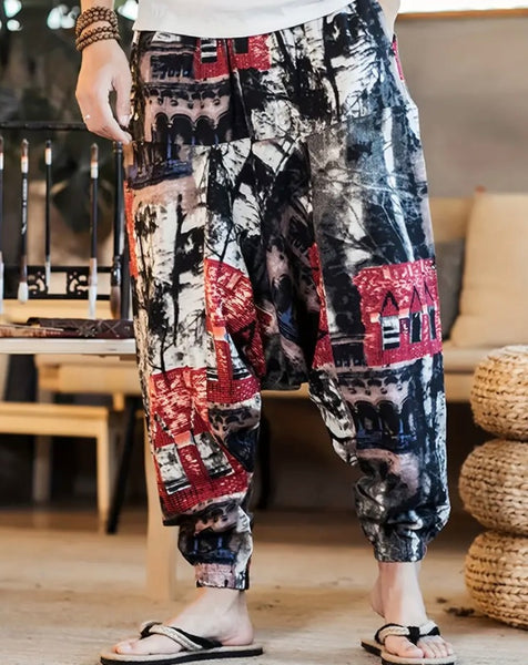 Maryam’s Essential Men’s Ethnic Vintage Pattern Stitching Print Harem Baggy Trouser