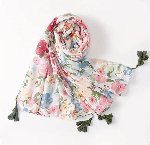 Maryam's Essential Floral Printed Cotton Viscose Tassels Hijab