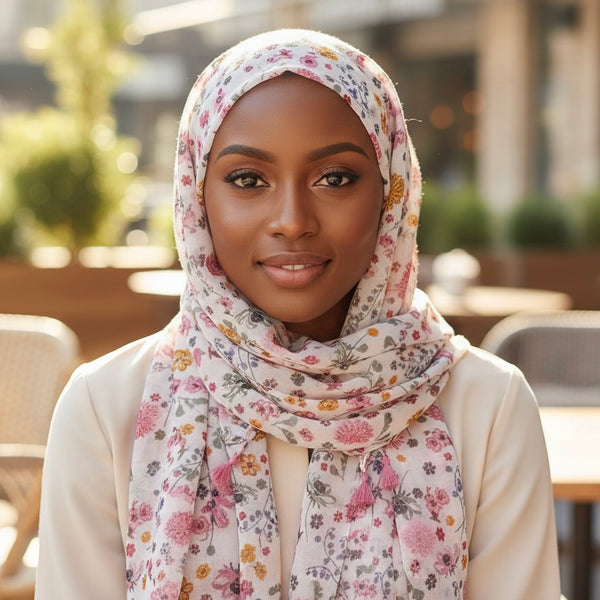 Maryam's Essential Flower Printed Cotton Polyester Tassels Hijab