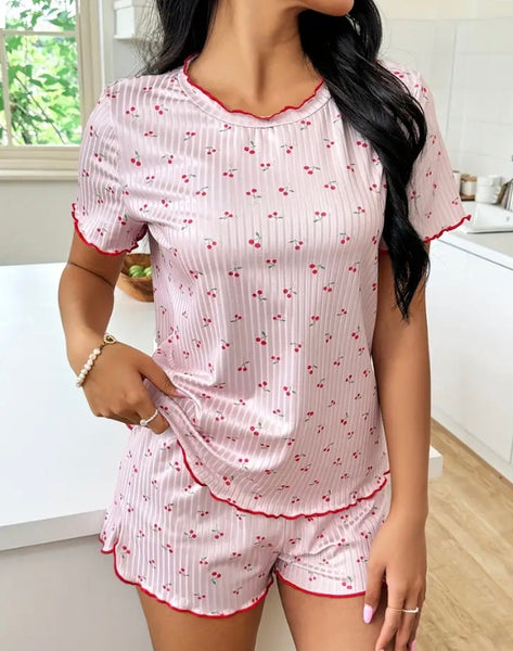 Maryam’s Essential Cherry Print Ribbed Frill Trim Round Neck Short Sleeves Top Elastic Shorts Sleepwear Set