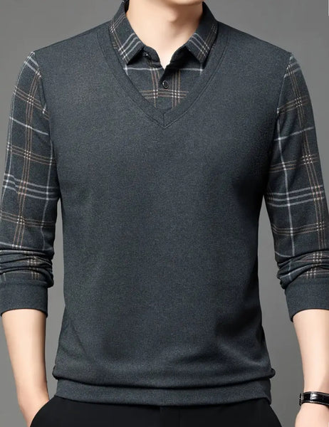 Maryam’s Essential Men V-Neck Button Long Sleeves Casual Regular Fit Striped Plaid Knitted Cotton Shirt