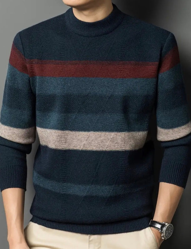 Maryam’s Essential Men Casual Striped Round Neck Pullover Long Sleeves Stretchy Knit Sweater