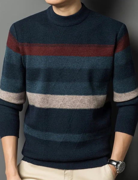 Maryam’s Essential Men Casual Striped Round Neck Pullover Long Sleeves Stretchy Knit Sweater