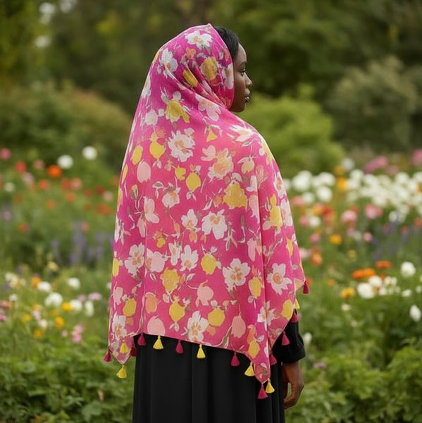 Maryam's Essential Flower Printed Cotton Polyester Tassels Hijab