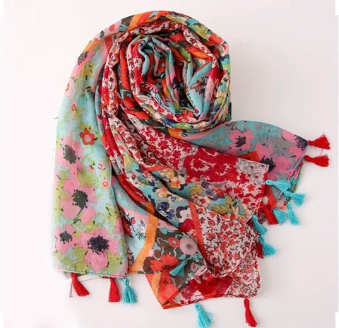 Maryam's Essential Floral Printed Cotton Viscose Tassels Hijab