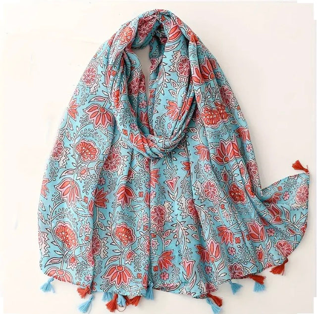 Maryam's Essential Floral Printed Cotton Viscose Tassels Hijab