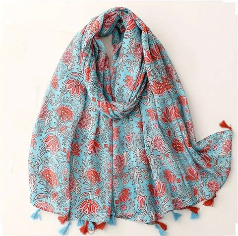 Maryam's Essential Floral Printed Cotton Viscose Tassels Hijab