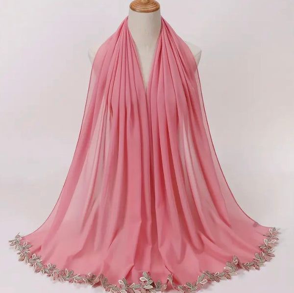 Maryam’s Essential Luxury Leaf Embroidery Edge Chiffon Hijabs/Scarves