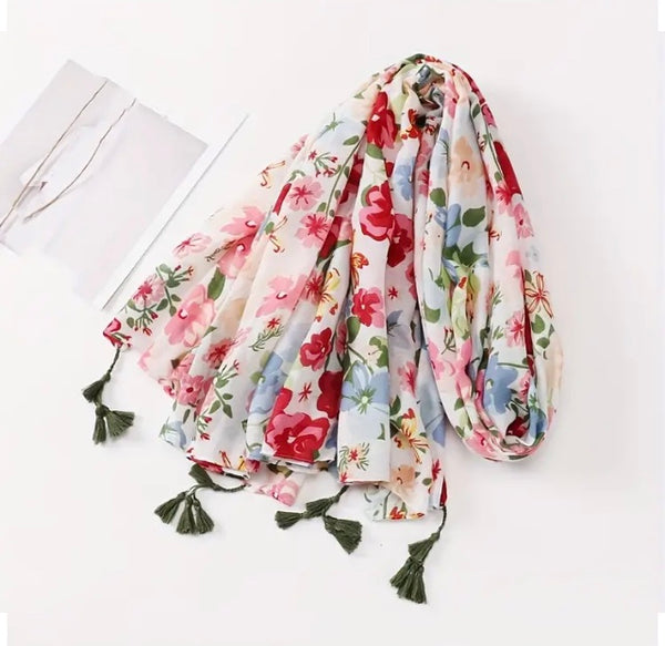 Maryam's Essential Floral Printed Cotton Viscose Tassels Hijab