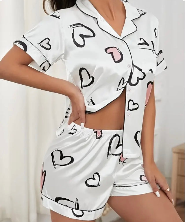 Maryam’s Essential Casual Heart Print Satin Short Sleeve Collar Top & Elastic Short Lounge Set