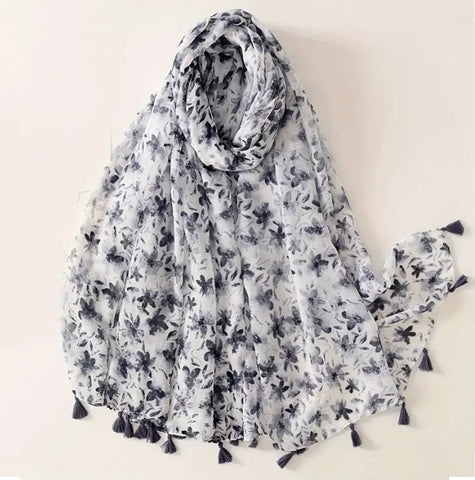 Maryam's Essential Flower Printed Cotton Viscose Tassels Hijab