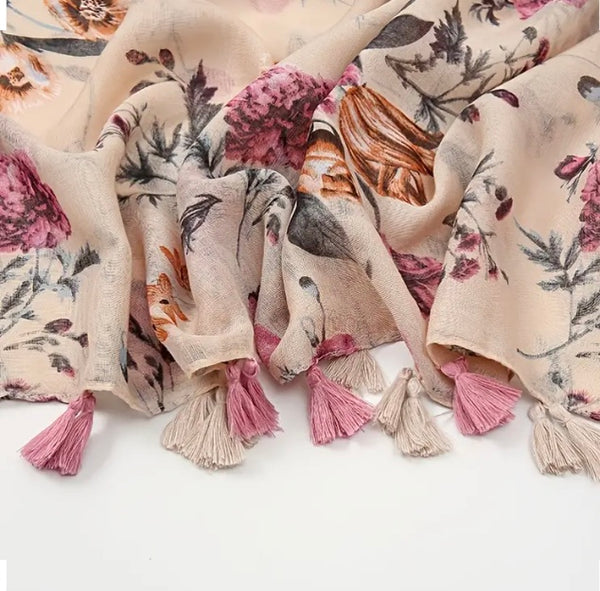 Maryam's Essential Flower Printed Polyester Tassels Hijab