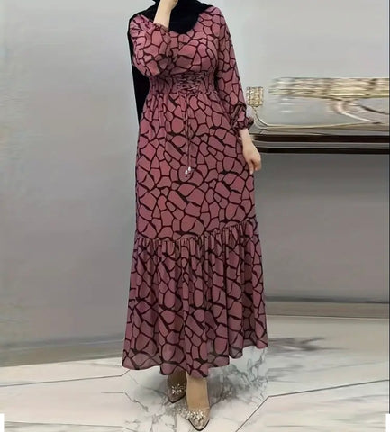 Maryam’s Essential Vintage Print V-Neck Long Cuffed Sleeves Hem Dress