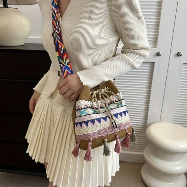 Maryam’s Essential Ethnic Vintage Style Bohemian Canvas Bucket Bag with Tassels