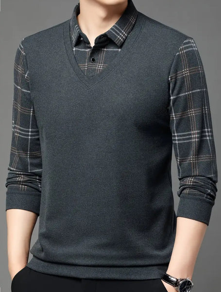 Maryam’s Essential Men V-Neck Button Long Sleeves Casual Regular Fit Striped Plaid Knitted Cotton Shirt